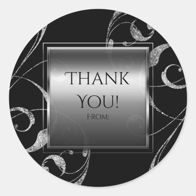 Sticker Rond Black & Faux Silver Glass Floral Swirl Élégant (Devant)