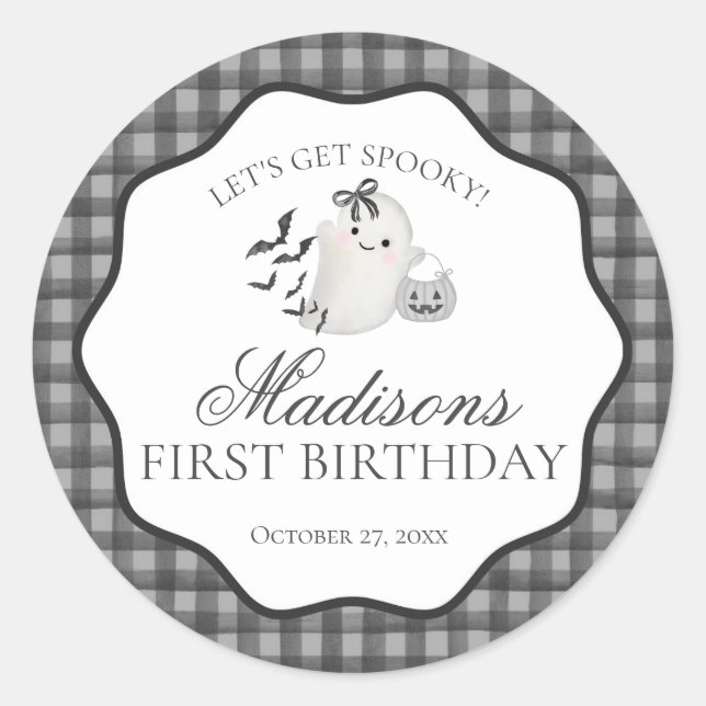Sticker Rond Black Gingham Little Boo Ghost Birthday Party Seal (Devant)