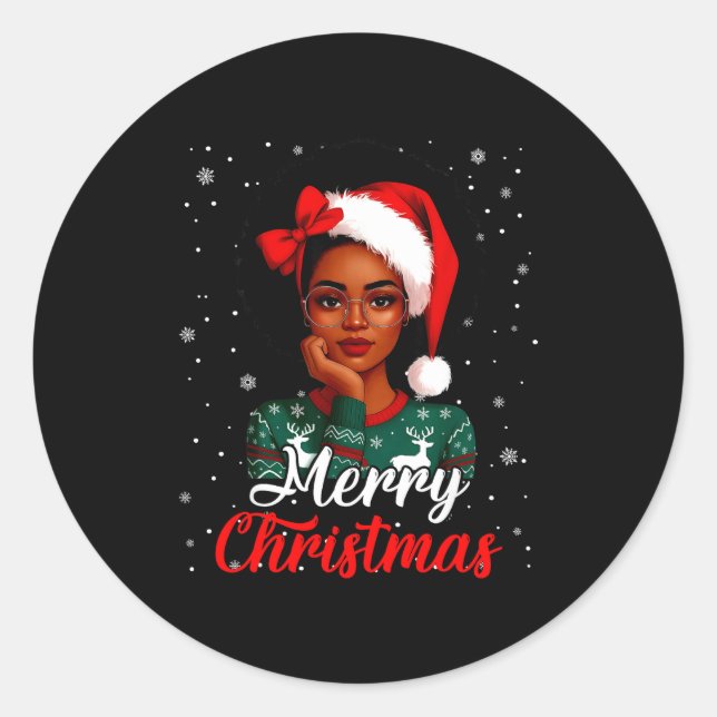 Sticker Rond Black Girl Afro Santa Hat Merry Christmas African  (Devant)