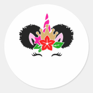 Sticker Rond Black Girl mignonne Unicorn Afro Puffs Melanin Fem