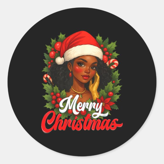 Sticker Rond Black Girl Santa Hat Merry Christmas Pajama Africa (Devant)