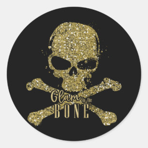 Sticker Rond Black Glam jusqu'à l'os Crâne Paillettes Or