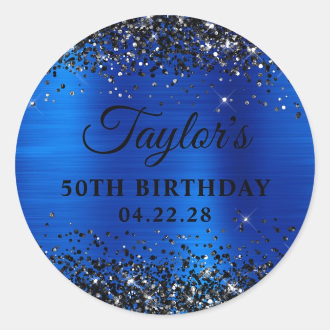 Sticker Rond Black Glitter Royal Blue Foil 50th Birthday (Devant)