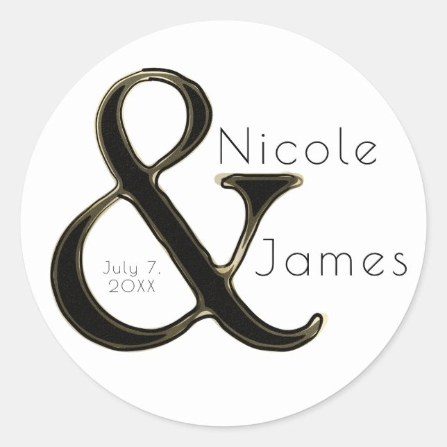 Sticker Rond Black & Gold Ampersand Chic Custom Wedding Favoris (Devant)