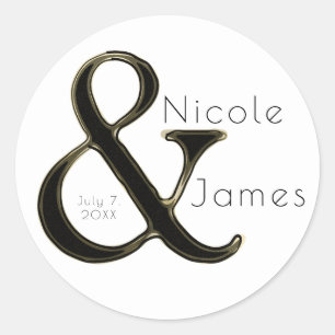 Sticker Rond Black & Gold Ampersand Chic Custom Wedding Favoris