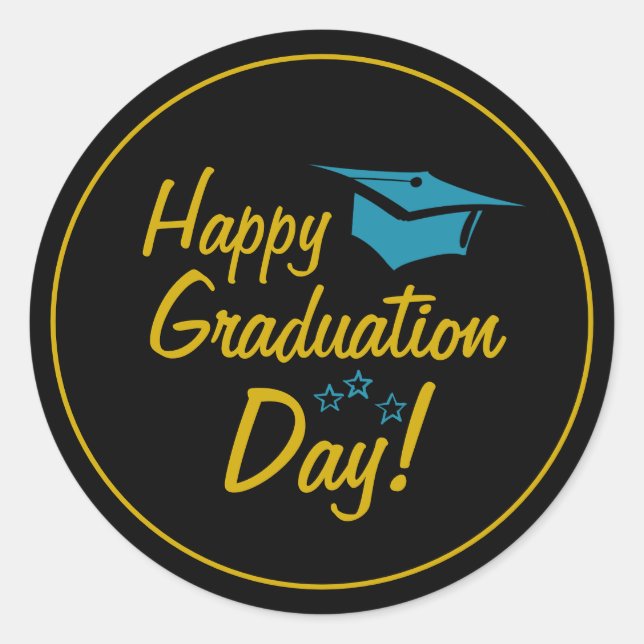 Sticker Rond Black Gold Bleu Joyeux Jour de Graduation Script (Devant)