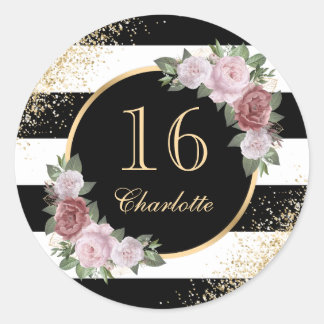 Sticker Rond Black Gold Blush rose Floral Sweet 16 Anniversaire