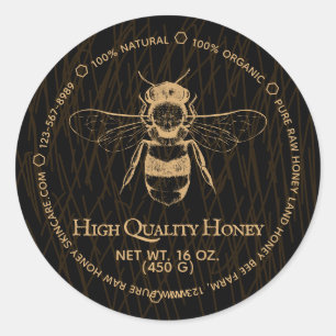 Sticker Rond Black Gold Boho Vintage Abstrait Miel Jar Bee