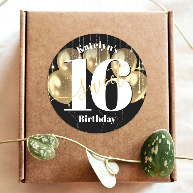 Sticker Rond Black Gold Girly Luxury Sweet 16 Balloons d'annive (Créateur téléchargé)