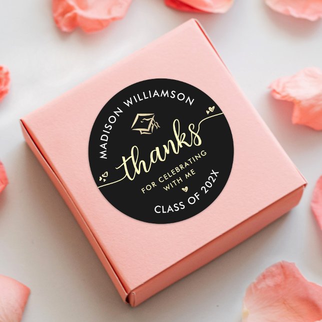 Sticker Rond Black Gold Graduation Merci moderne Casquette de s (Créateur téléchargé)