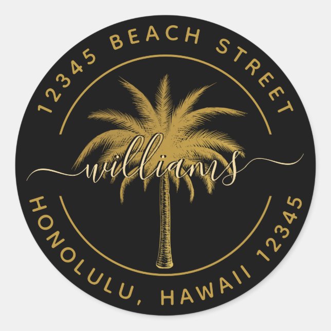 Sticker Rond Black & Gold Palm Tree Adresse de retour (Devant)
