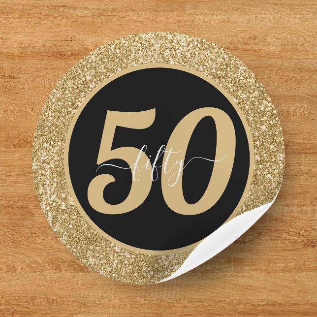 Sticker Rond Black & Gold Parties scintillant 50 Cinquante ans  (Black & Gold Glitter 50 Fifty Years 50th Birthday Classic Round Sticker
)