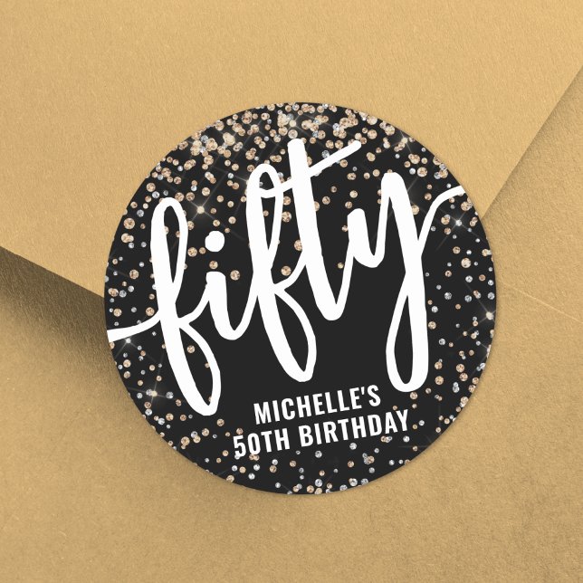 Sticker Rond Black Gold Parties scintillant 50e anniversaire (Black Gold Glitter 50th Birthday Classic Round Sticker )