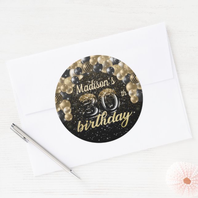 Sticker Rond Black Gold Personnalisé 30e anniversaire (Enveloppe)