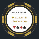 Sticker Rond Black Gold Poker Chip Las Vegas Casino Mariage<br><div class="desc">Se marier à Las Vegas ou une autre ville de casino amusante ? Ou avoir un mariage à thème casino ? Ces autocollants en or, blanc et noir complèteraient parfaitement les faveurs de vos invités ou bien scelleraient leurs invitations. Personnalisez votre design avec vos noms dans une couleur dorée au...</div>