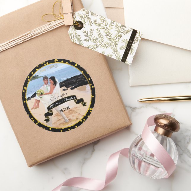 Sticker Rond Black Gold Random Dot Motif Votre photo Mariage (Cadeaux)