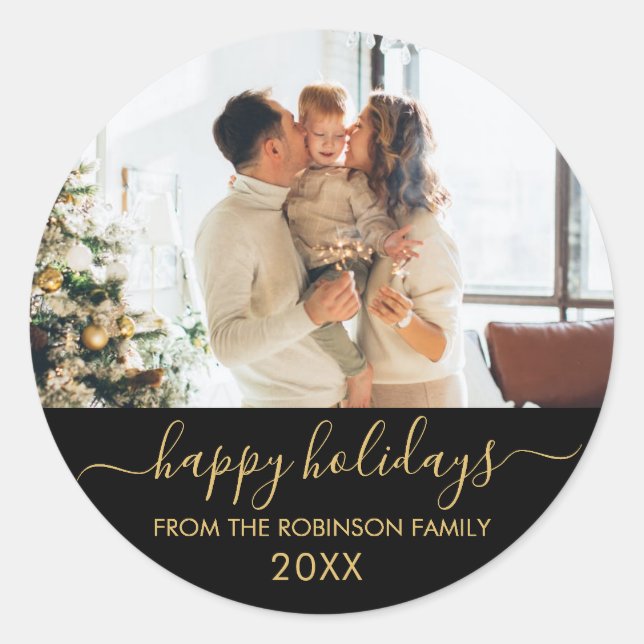 Sticker Rond Black Gold Script Famille Photo Joyeux Vacances (Devant)