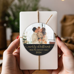 Sticker Rond Black Gold Script Family Photo Joyeux Noël