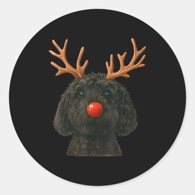 Sticker Rond Black Goldendoodle Christmas Lights Santa Hat Blac (Devant)