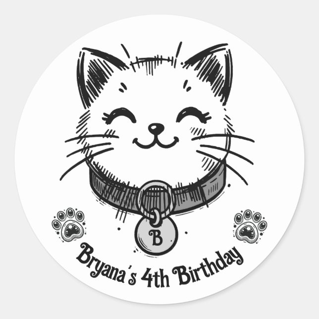 Sticker Rond Black Kitty Chat Kitten fête d'anniversaire (Devant)