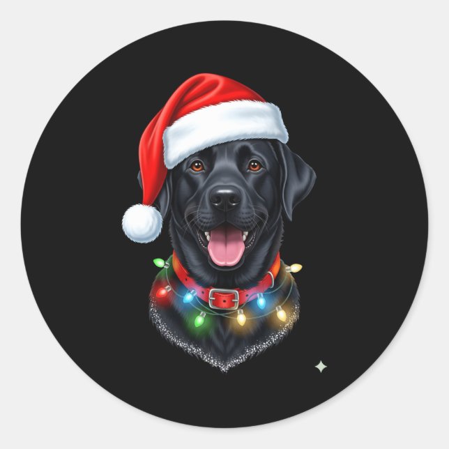 Sticker Rond Black Lab Labrador Christmas Dog Santa Hat Light P (Devant)