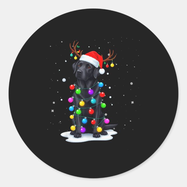 Sticker Rond Black Lab Labrador Dog Funny Christmas Lights Rein (Devant)