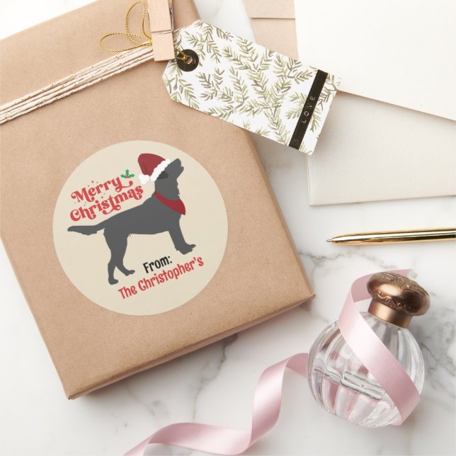 Sticker Rond Black Lab Labrador Joyeux Noël (Cadeaux)