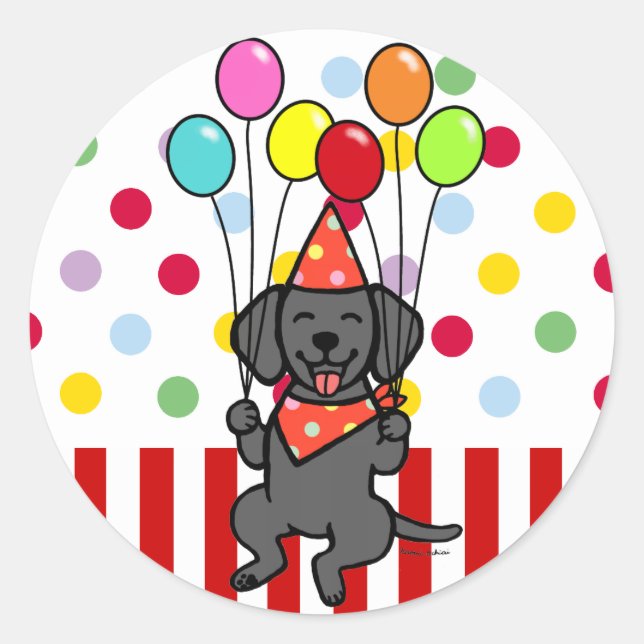 Sticker Rond Black Lab Puppy Ballots d'anniversaire (Devant)