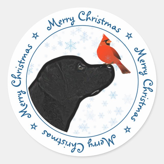 Sticker Rond Black Labrador Joyeux Noël Cardinal mignon chien (Devant)