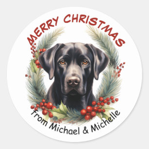 Sticker Rond Black Labrador Retriever Dog Christmas Wreath