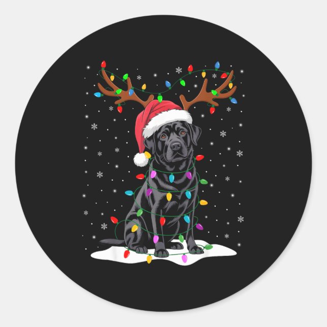 Sticker Rond Black Labrador Santa Hat Reindeer Tree Lights Chri (Devant)