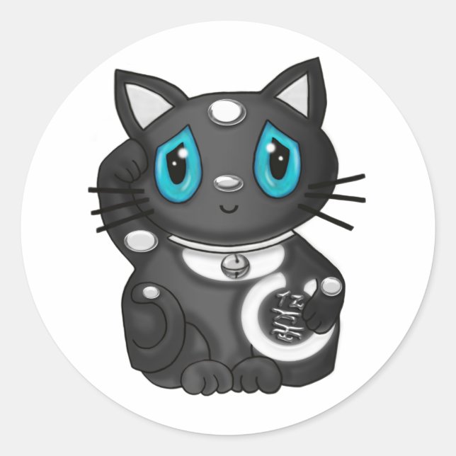 Sticker Rond Black Maneki Neko Bekoning Good Luck Cat (Devant)