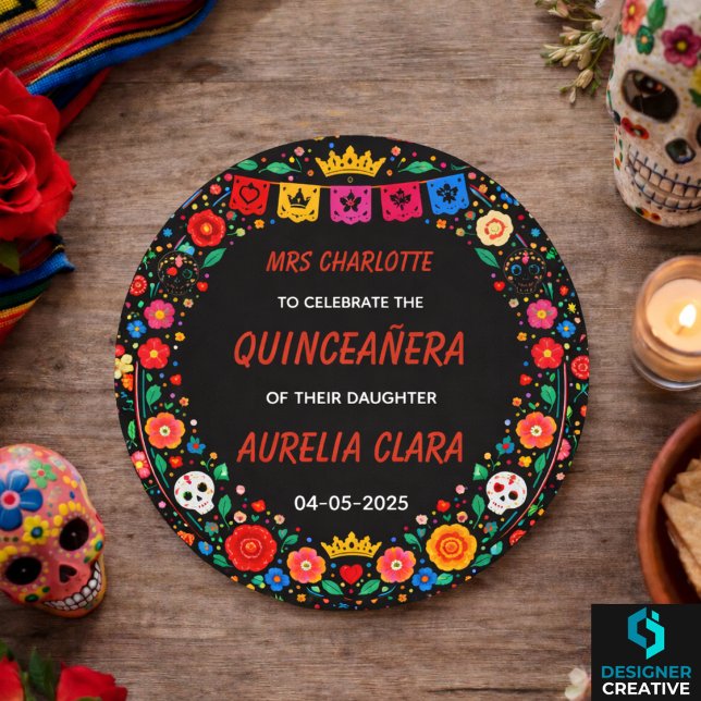 Sticker Rond Black Mexican Fiesta Floral Gold Tiara Quinceañera (Black Mexican Fiesta Floral Gold Tiara Quinceañera Classic Round Sticker
)