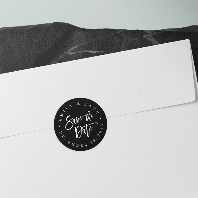 Sticker Rond Black | Modern Brush Lettered Save the Date (Créateur téléchargé)