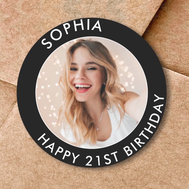 Sticker Rond Black Modern Classic Joyeux 21e anniversaire photo (Blue Modern Elegant Happy 21st Birthday Photo Classic Round Sticker)