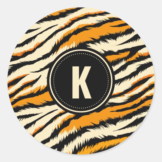 Sticker Rond Black Orange Tiger Stripes Pattern Monogram (Devant)