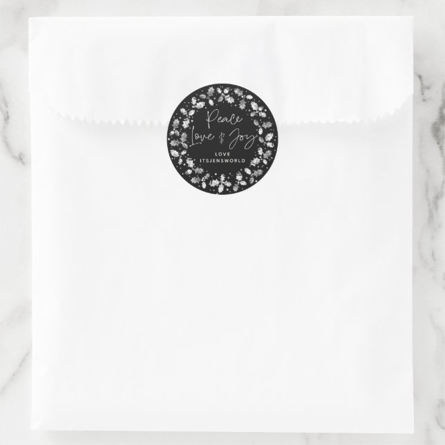 Sticker Rond Black Peace Love+Joy Holly Wreath (Sac)