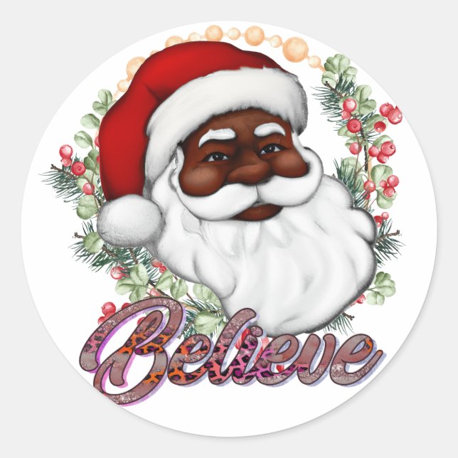 Sticker Rond Black Père Noël Believe Melanin Man Christmas Chev (Devant)