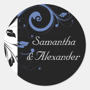 Sticker Rond Black Periwinkle Cornflower Blue Floral Mariage