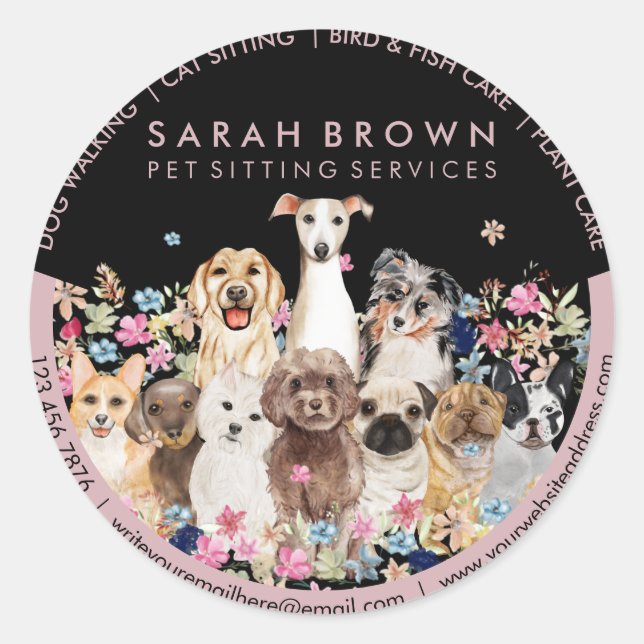 Sticker Rond Black Pink Pet Sitting Boutique Floral Dogs (Devant)