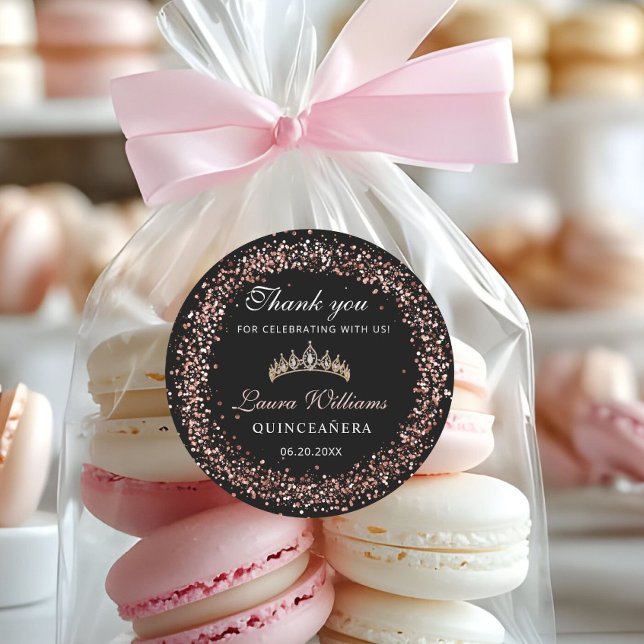 Sticker Rond Black & Rose Gold Quinceañera Birthday Thank you (Rpse Gold and Black Crown tiara quinceañera Thank you stickers)