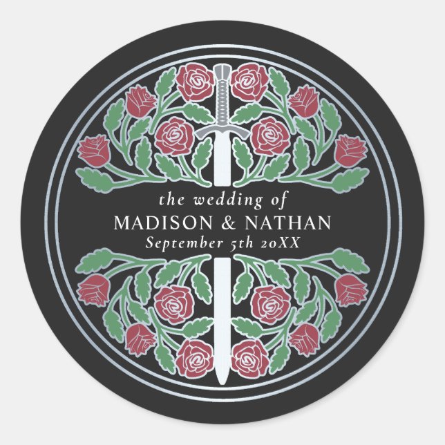 Sticker Rond Black Royal Medieval Silver Sword Wedding  (Devant)