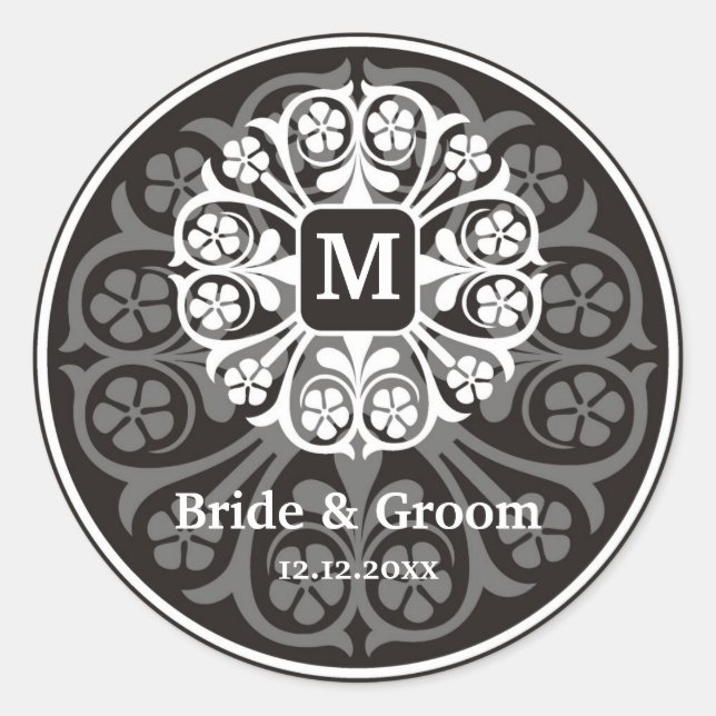 Sticker Rond Black Silver Initial M Monogram Seal Party Favoris (Devant)