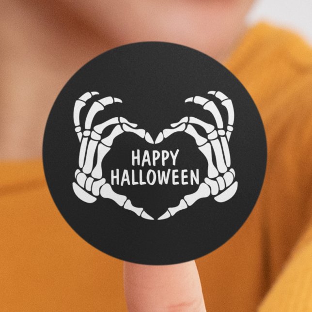 Sticker Rond Black Skeleton Heart Mains Happy Halloween (Black Skeleton Heart Hands Happy Halloween Classic Round Sticker
)