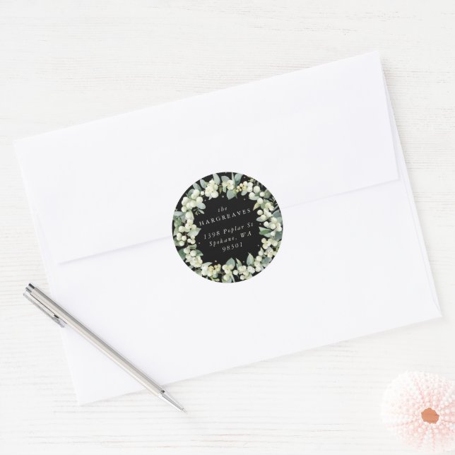 Sticker Rond Black Snowberry+Eucalyptus Holiday Wreath Adresse (Enveloppe)