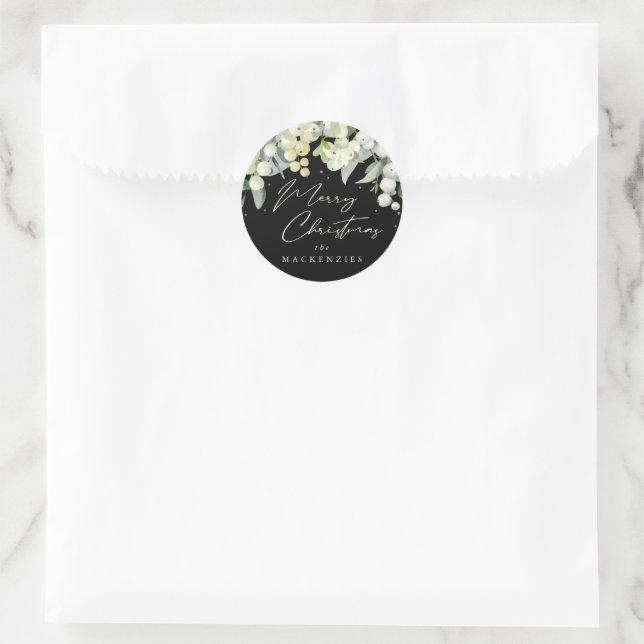 Sticker Rond Black Snowberry+Eucalyptus Joyeux Noël Personnalis (Sac)