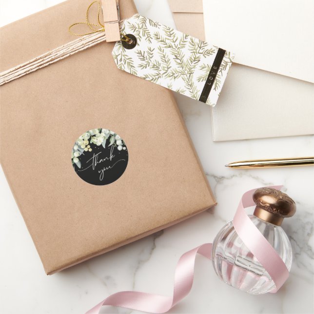 Sticker Rond Black Snowberry+Eucalyptus Noël Merci (Cadeaux)