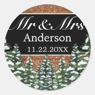 Sticker Rond Black Snowy Wood & Forest Pine M. MRS Mariage