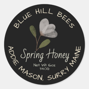 Sticker Rond Black Spring Honey Label Blanc Aquarelle Fleur