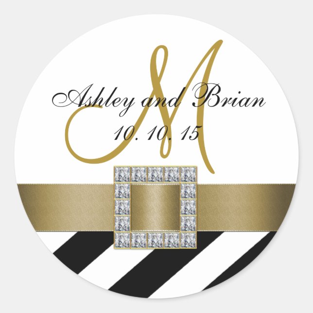 Sticker Rond Black Stripes Gold Ribbon Premier mariage Faveur (Devant)